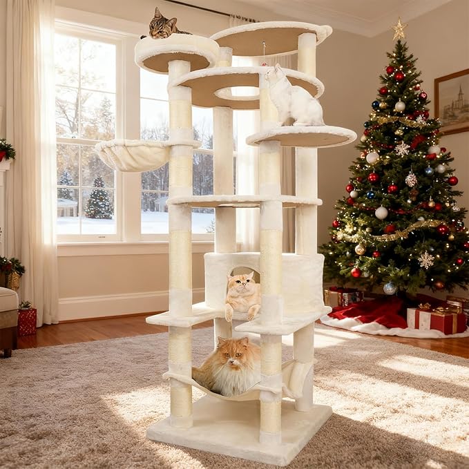 78.8" Large Cat Tree Tower for Indoor Kitties, Multi-Level Furniture Activity Center for Tall Cat Condo with Cozy Perches,Sisal Scratching Posts,Hammock and Basket