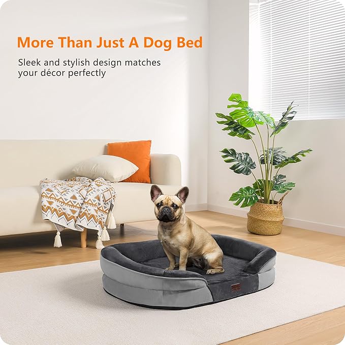 Dwanton Orthopedic Dog Bed for Medium Dogs with Gel Memory Foam, Waterproof Dog Sofa, Washable Pet Bed with Four Sided Bolster Cushion, Removable Cover & Non-Slip Bottom, 28", Dark Gray