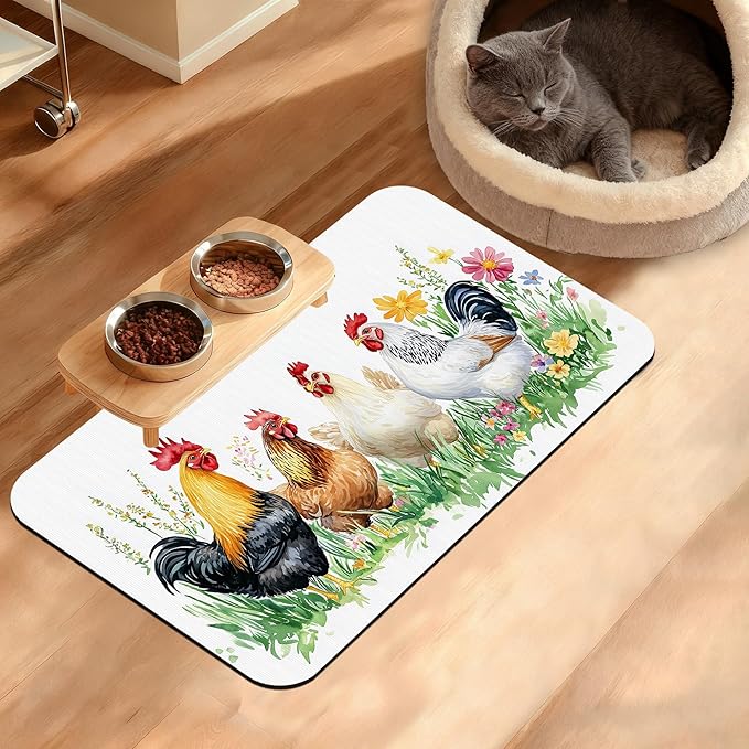 Chicken Rooster Dog Cat Food Mat,Green Grass Absorbent Waterproof Placemat for Food and Water Non Slip Rubber Backing Durable Feeding Pad for Clean Floors 12" x 20"