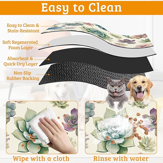 Dog Bowl Mat,Cactus Pet Feeding Mat for Floors Waterproof,Succulents Absorbent Dogs Placemat for Food and Water Quick Dry Pet Cat Feeding Mats with Non Slip Bottom 16" x 24"