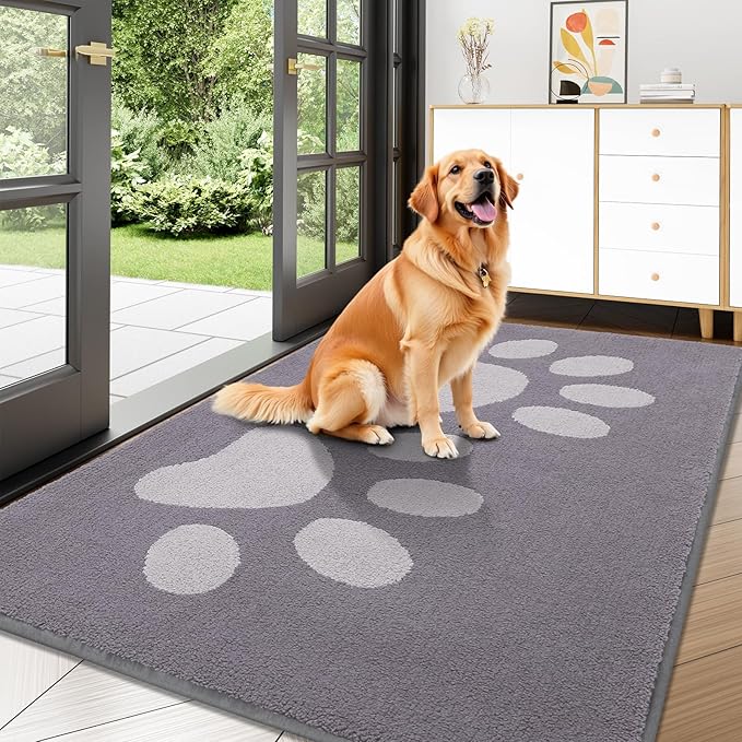 Buganda Dog Door Mat for Muddy Paws, Absorbent Dirt Trapper Washable Indoor Doormats, Non Slip Low-Profile Mud Mat for Dogs, Front Entrance Doormat for Inside Floor (47x32 Inches, Light Grey)