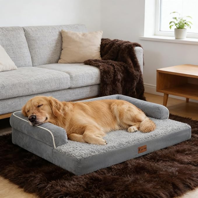 Orthopedic Dog Beds for Extra Large Dogs, Waterproof Egg Crate Foam XL Dog Bed with Sides 45x35Inch, Big Dogs Couch Beds with Removable Washable Cover and Nonskid Bottom, Grey