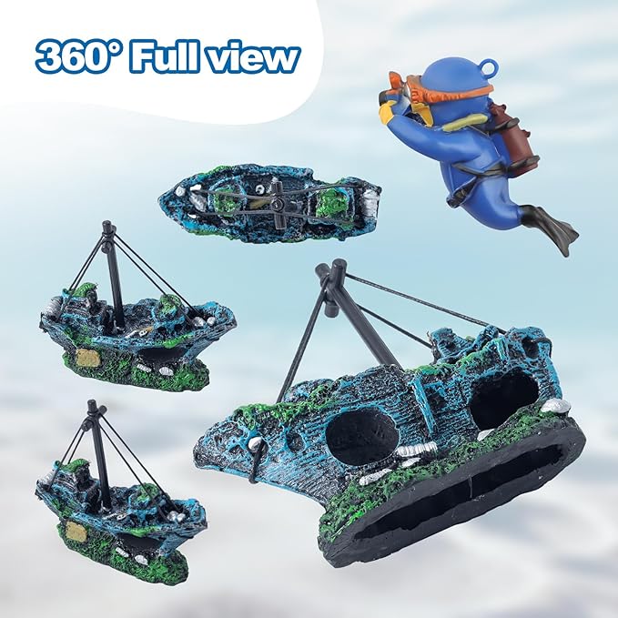 6 Pcs Aquarium Decor Set Shipwreck Decoration Little Diver Floating Fish Tank Decoration Fish Tank Plants