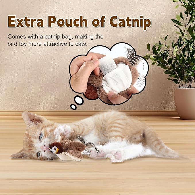 Chirping Bird Cat Toy - Interactive Flapping Bird Cat Toy for Indoor Cats, Simulated Rechargeable Flappy Sparrow with Catnip Pouch