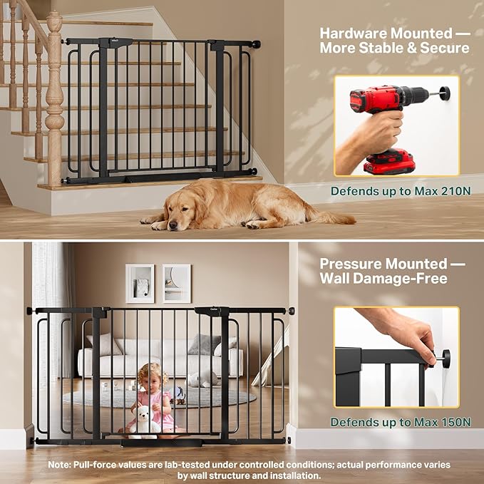 Cumbor 36.6-59" Extra Wide Baby Gate for Stairs, Pressure Mounted Dog Gate for Doorways, Auto-Close Easy Walk Through Safety Child Gate for Kids Toddler, Tall Pet Gates Indoor, Black