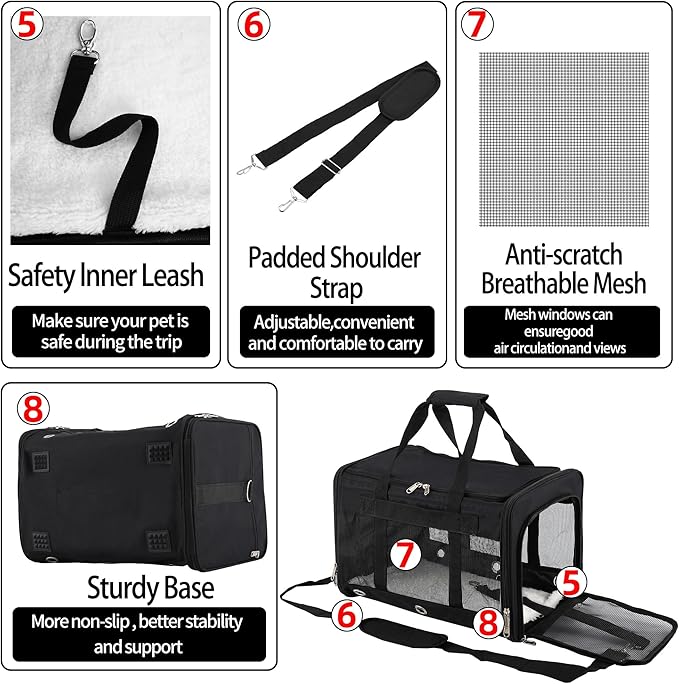 Soft Sided Cat/Dog Carrier，Collapsible Mesh Pets Travel Carriers for Pet/Puppy with Shoulder Strap & Removable Mat，Top Load Small Dogs/Cats Carry Bag Up to 25 Lbs（Black - L）
