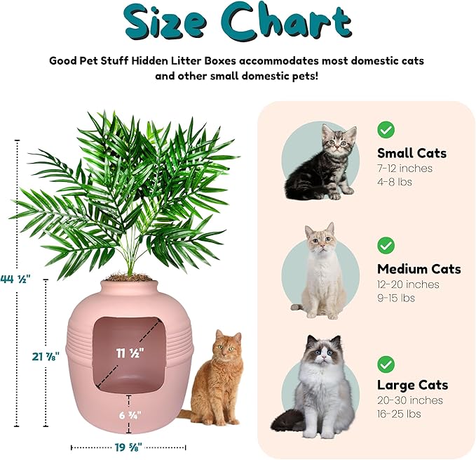 Good Pet Stuff Hidden Litter Box Planter, Decorative Cat Litter Enclosure with Carbon Filter, Artificial Plant, Easy Clean, Indoor Design, Original Round Style, Base Kit, Pink Coral