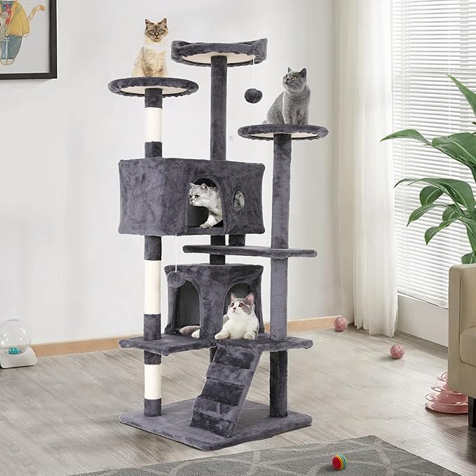 Heavy Duty Cat Tree Tower, 54" Tall Cat Tower for Indoor Cats with Cat Scratching Post with Bed, Cat Condo, Hanging Ball, Multi-Level Cat Climbing Tower Cat Trees Furniture Activity Center, Light Grey