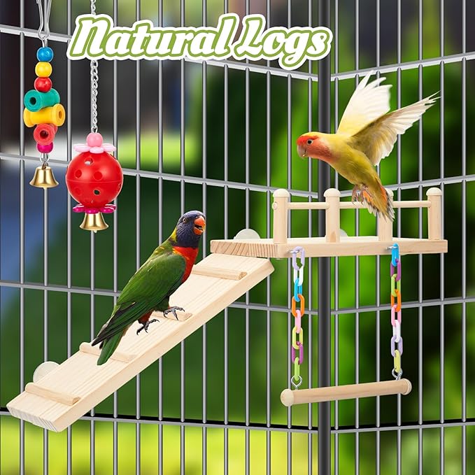 12 Pcs Parakeet Cockatiel Bird Toys, Bird Toys for Parakeets, Cockatiel Cage Accessories, Perches Parrot Ladders for Hanging Swinging Standing Chewing Climbing Training (Basic Style)