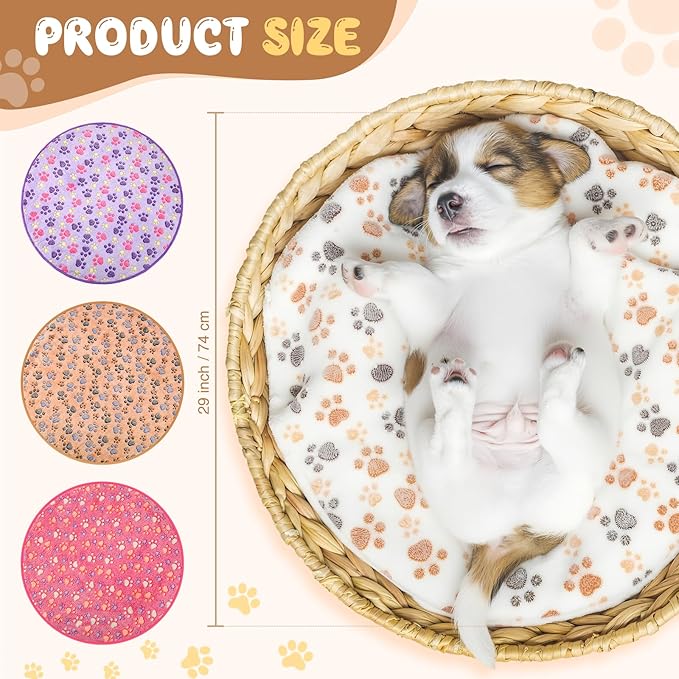 Tatuo 4 Pcs Dog Blanket for Pet Cat Blankets Indoor Puppy Teething Stuff Toys Paw Print Fleece Soft Blanket Sleep Mat for Guinea Pig Cage(White, Coffee, Pink, Purple,29 x 29 Inches,Round)