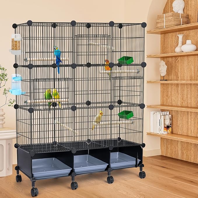 Encrypted Bird Cage (46" x 36" x 12"), with Wooden Perches, Metal Parakeet Cage with Slide-Out Tray, Water Bottle&Feeder, Bird Cages for Parrot,Parakeets,Cockatiel,Small Mid-Sized Birds
