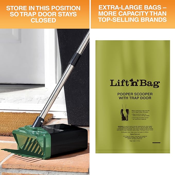 Neater Pet Brands Lift N’ Bag 2.0 Dog Pooper Scooper with Bag Attachment & 22" Pole for Small to Large Dogs, New & Improved Design, 60 Refill Bags, Heavy Duty Dog Poop Scooper for Yard, One-Hand Use