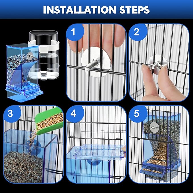 Yaomiao 8 Pcs No Mess Small Bird Feeders with 4 Pcs Cage Perch Automatic Drinker Parakeet Seed Dispenser Quail Feeder and Watered Cage Accessories for Small Birds Parrot Cockatoo Canary(Blue)