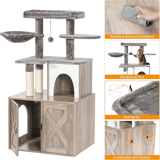 Snughome Cat Litter Box Enclosure with Tree Tower and Condo, Hidden Washroom Furniture with Sisal Scratching Post and Soft Plush Perch, Wooden Cat Furniture with Multiple Platforms, Grey