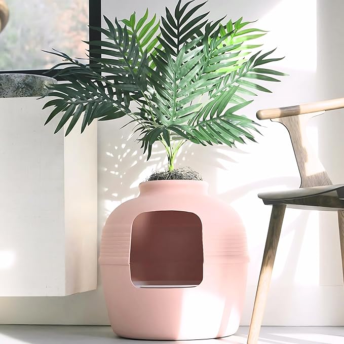 Good Pet Stuff Hidden Litter Box Planter, Decorative Cat Litter Enclosure with Carbon Filter, Artificial Plant, Easy Clean, Indoor Design, Original Round Style, Essentials Kit, Pink Coral