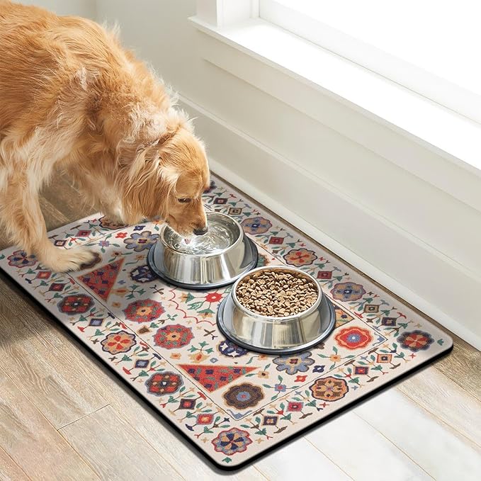 Moroccan Trellis Dog Food & Water Mat, Boho Colorful Vintage Pet Feeding Mat for Floor Non-Slip Waterproof, Super Absorbent Cat Bowl Mat, Easy to Clean Durable Pet Placemat,24" × 32"