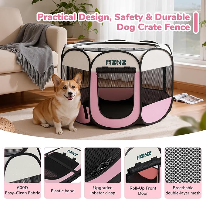 Dog Playpen, Portable Puppy Pet Crate Indoors for Small/Medium Dogs Cats Rabbits, Foldable Dog Cage Enclosure for Outdoor, Pop Up Dogs Tent Kennel with Carrying Case, Pink