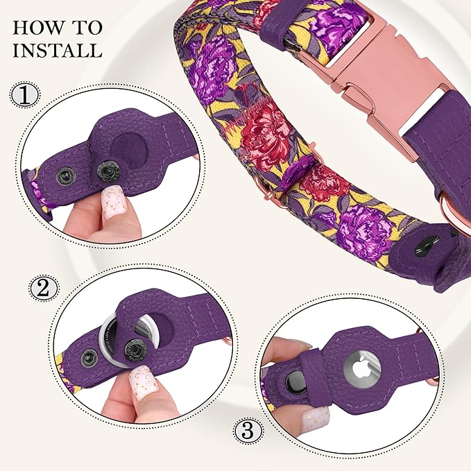 AirTag Dog Collar for Small Medium Large Breed - Adjustable Cute Pattern Dog Collar with Airtag Holder - Soft Leather Tracker GPS Apple Air Tag Pet Collars (Large, 17"-21" Neck Fit, Peonies)