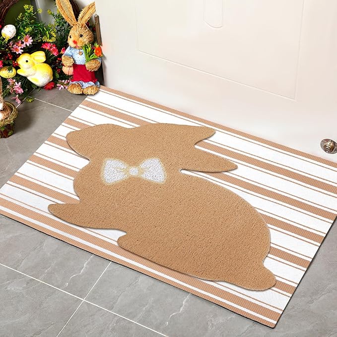 Tinideya 2 Pcs Bunny Door Mat Rabbit Welcome Non Slip Coir Mats Brown and White Stripe Floor Layering Doormats Seasonal for Front Porch Entryway Decor(Rabbit)
