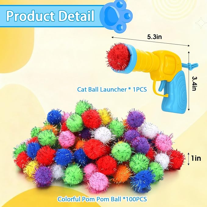 Mity rain 101PCS Cat Ball Launchers & Pom Pom Balls Interactive Cat Toy Set – Safe Soft Plush Kitten Toys for Indoor Cats, Fun Kitten Toys for Endless Active Play (Shining)