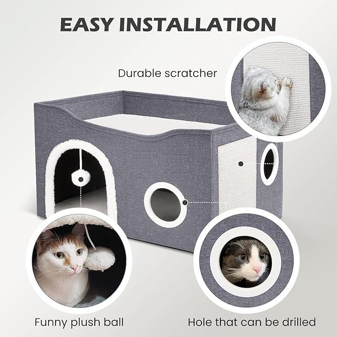 Heeyoo Cat House for Indoor Cats - Large Cat Bed Cave with Fluffy Ball and Scratch Pad, Foldable Cats Houses & Condos, Cat Hideaway, Covered Kitty Bed for Multi Small Large Kitty, 23.8x15.9x13.2 Inch
