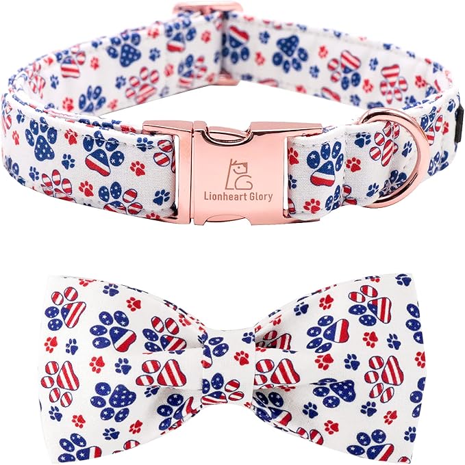 Lionheart Glory American Flag Dog Collar - 4th of July Collar with Adjustable Bow for Large Dogs
