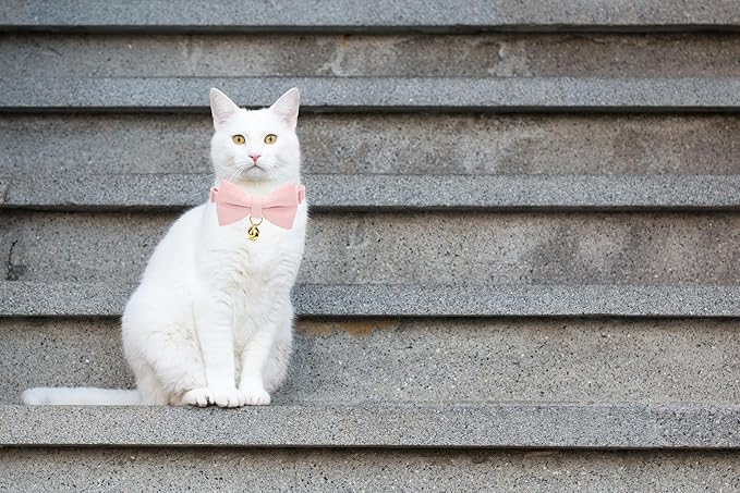 Soft Corduroy Cat Collar with Bell and Bowtie, Safety Breakaway Clasp, Adjustable for Kitten and Cats Pink Color.
