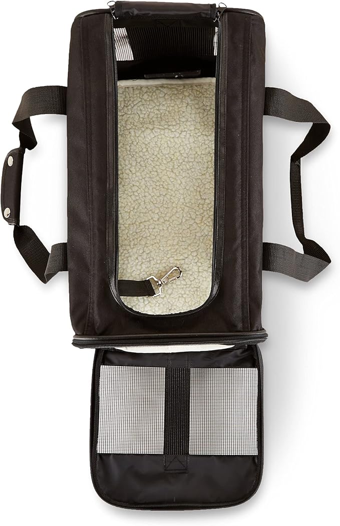 Amazon Basics Airline Approved Soft-Sided Mesh Pet Travel Carrier with Shoulder Strap, Portable, Washable Removable Fleece Pad for Dog, Cat, up to 16 pounds, 16.5" L x 10.6" W x 11" H, Black
