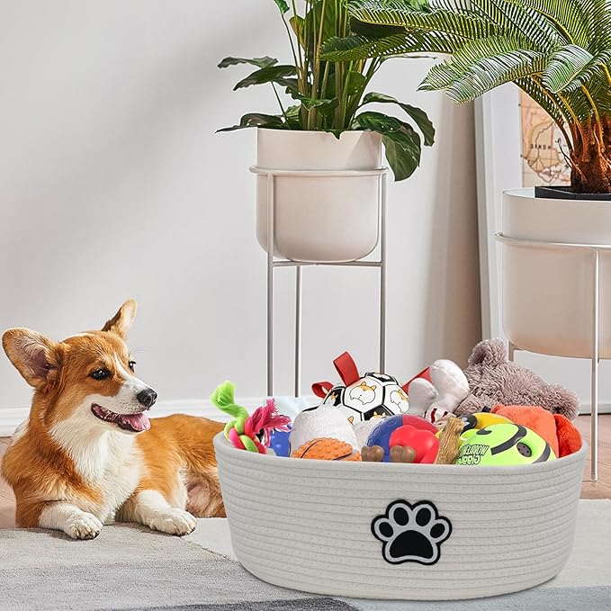 Dog Toy Box Woven Basket,Dog Toys Basket,Dogs Organization and Storage,for Puppy Leash, Blanket Food, Accessories Pet and Household Storing