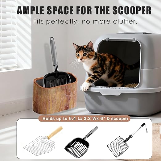 Cat Litter Scoop Holder – Wood-Grain Dual-Open Scoop Caddy with Bag-Lock Hole, Wide-Mouth Double-Layer Inner Bucket, Mini Desktop Trash Bin for Pet Scoops & Accessories