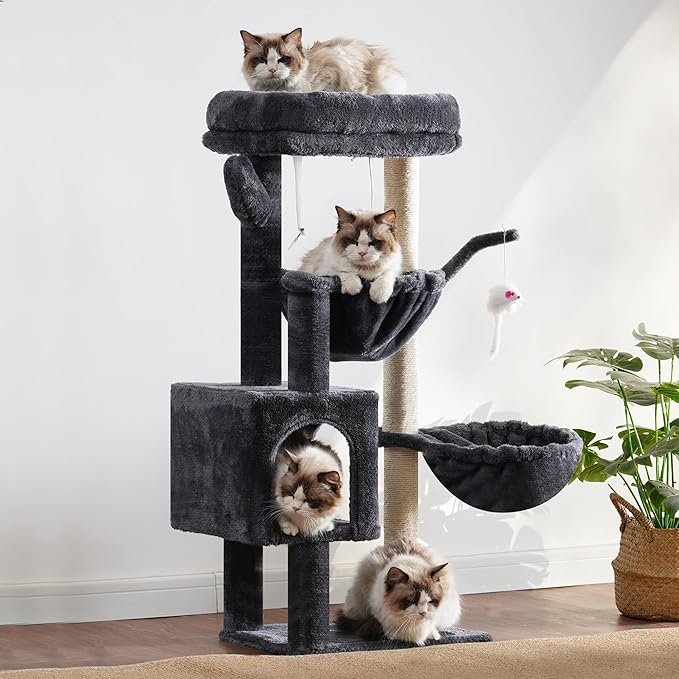 Heybly Cat Tree, 39.4 Inches Tower Condo with Scratching Post, Cat Tower for Indoor Cats, Fully Wrapped Sisal Pole, Soft Platform, 2 Baskets and Dangling Toy, Smoky Gray HCT006SG