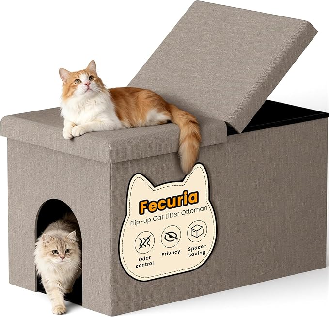 3-in-1 Cat Litter Box Enclosure with Odor Control, Multi-Functional Hidden Litter Box Furniture Bench, Dog Proof, Space-Saving Ottoman Cabinet with Flip-Up Lid, Storage Footrest, Light Grey