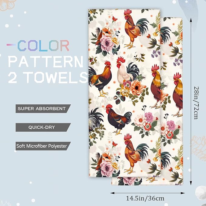 Cute Rooster Hand Towels - 2 Pack, 14.5" X 28",Soft Microfiber Polyester Farmhouse Towel Set with Chicken Floral Pattern,for Rustic Bathroom Kitchen Spa Hotel Decor Gifts Women Girls