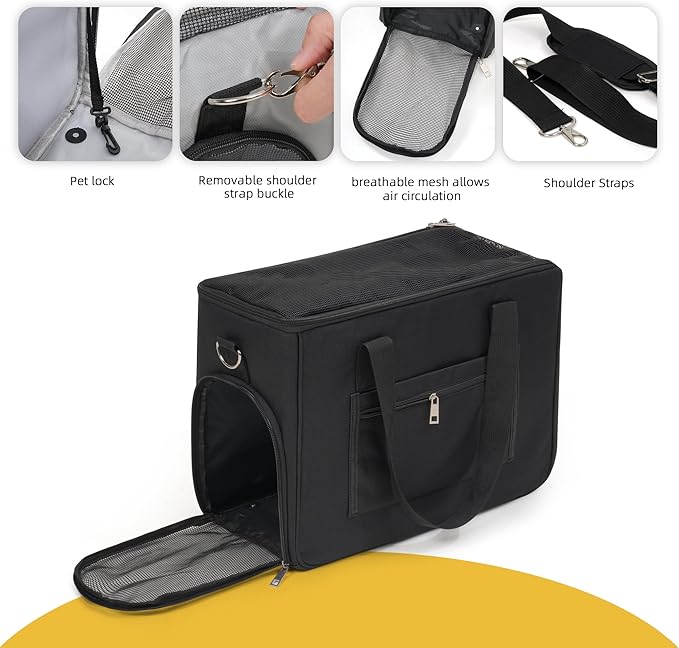 Cat & Dog Carrier for Pets Up to 15 Lbs, Airline Approved Soft-Sided Collapsible Pet Carrier for Cats & Dogs, Cat Carrier with Breathable Mesh, Padded Interior – Ideal for Car Rides, Daily Use(Black)