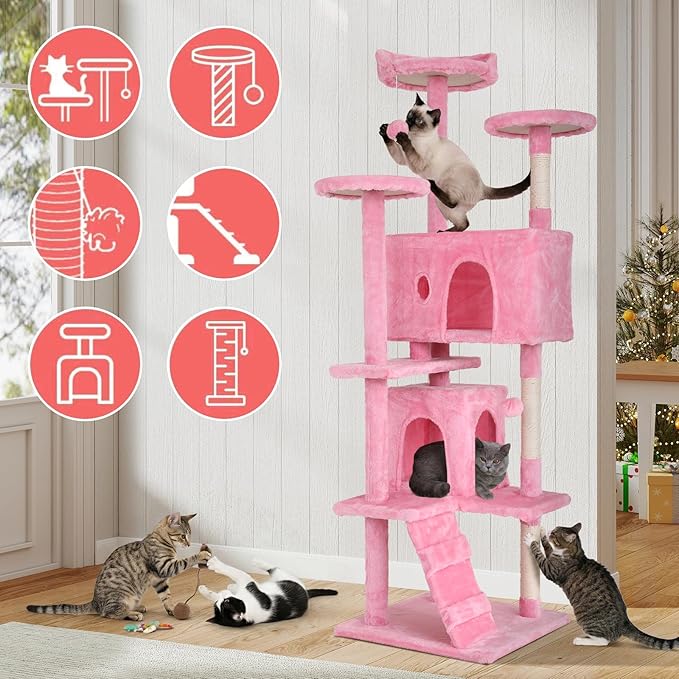 70in Cat Tree Cat Climbing Tower with Scratching Post, Cats House Perch Kitten Tree Condo Wood Playhouse, Pet Trees Tower for Indoor Cats, Pink