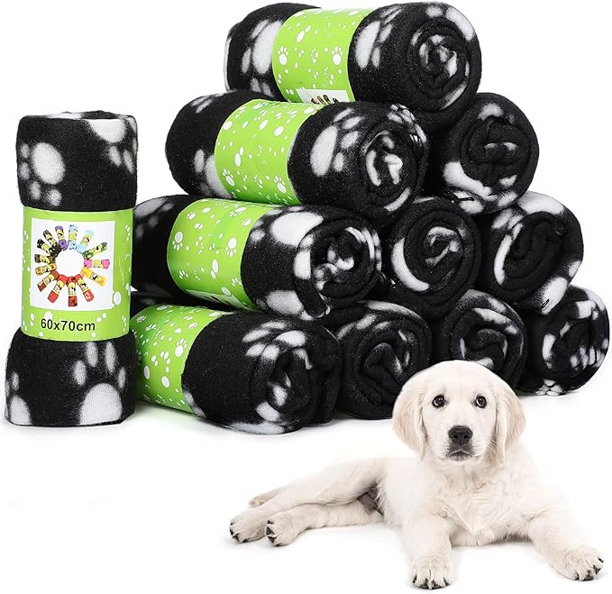 Tatuo 12 Pieces Black Dog Blankets for Small Dogs Puppy Fleece Blanket Bulk Warm Felt Throw Spring Cute Paw Print Puppy Kitten Sleep Mat Pad Soft(Classic Style)