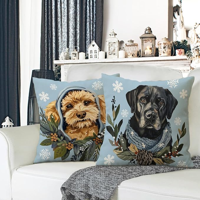Fahrendom Winter Dogs Decorative Throw Pillow Covers 18 x 18 Set of 4, Boston Terrier Labrador Goldendoodle Porch Outdoor Pillowcase Pet Owner Lover Gifts, Christmas Sofa Couch Cushion Case Home Decor