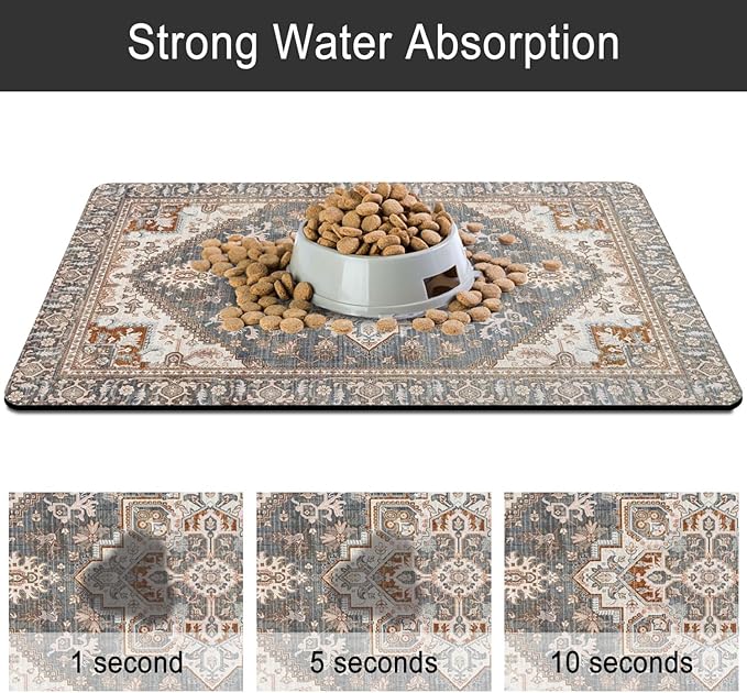 Dog Food Mats for Floors, Absorbent and Quick-Drying Pet Cat Food Mat,Anti-Fouling and Easy-to-Clean Pet Feeding Mat,Dog Bowl Mat for Messy Drinking Water Bowls.12 x20, Bohemia Style