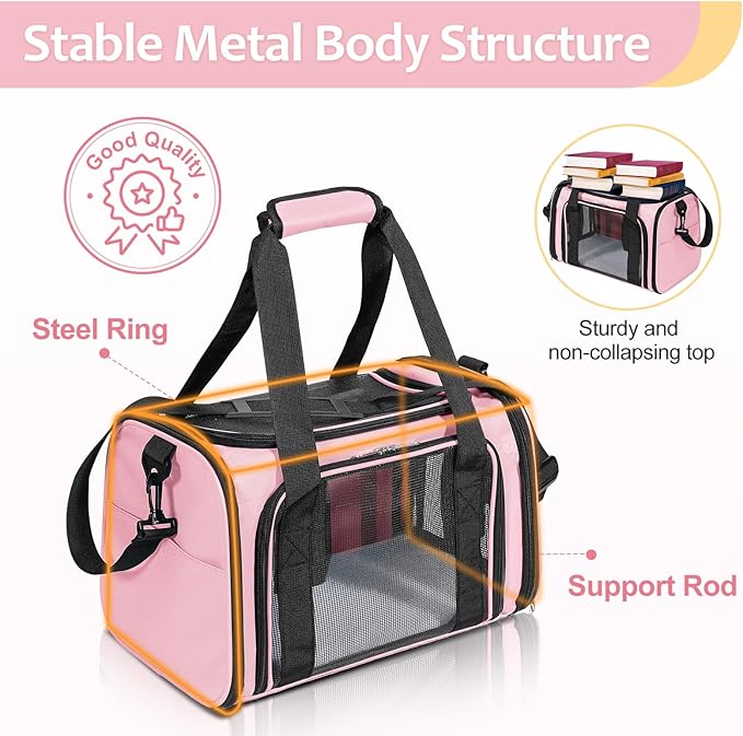 Discala Cat Dog Carrier Up to 15 Lbs TSA Airline Approved Pet Carrier for Small Medium Cats Puppies Dog Carriers for Small Dogs Collapsible Soft Sided Cat Travel Carrier - Pink 15.7"x10.2"x10.2"