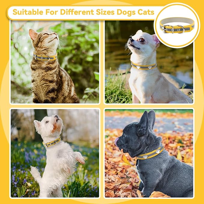 PETCARE Reflective Dog Collar with Cute Paw Rivet Studded Funny Soft PU Leather Adjustable Puppy Dog Collars for Small Medium Large Dogs Cats (Yellow,X-Large)