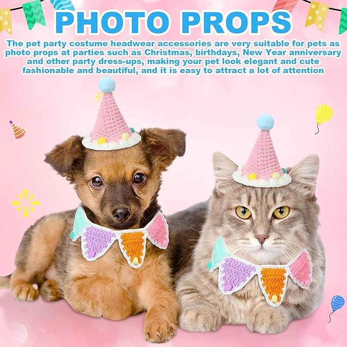 Sanwuta 2 Pcs Cat Birthday Party Supplies, Knit Cat Hat Kitten Birthday Bib Knit Bandana Pet Party Costume Headwear Accessories for Puppy Kitten Small Dogs Animals(Multicolor)