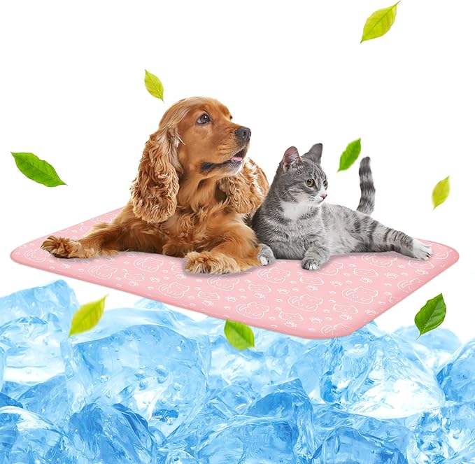 NWK Pet Cooling Mat - Ice Silk Cooling Mat for Dogs & Cats Portable & Washable Pet Cooling Blanket, Car Seats, Beds for Summer (1, Pink Cat, 39‘’ X 27‘’ X 0.3'')