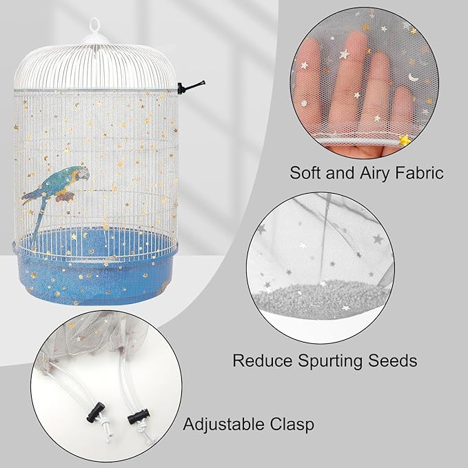 Bird Cage Seed Catcher, 45-90'' Adjustable Cover, Universal Nylon Mesh Net, Skirt Guard Accessories for Parrot Parakeet Macaw Round Square Cage (Gray)