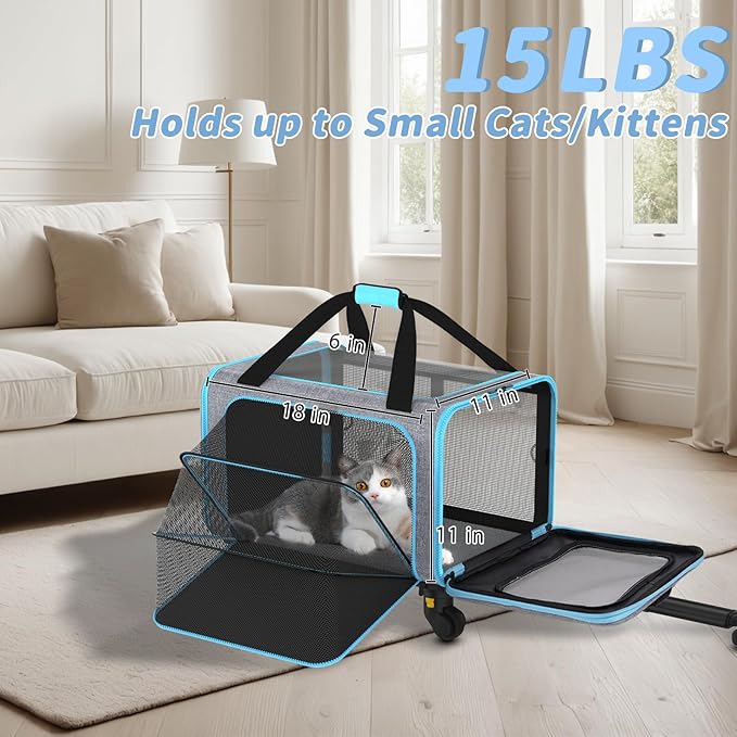Rolling Pet Carrier with Detachable Wheels - 18x11x11 TSA Airline Approved for Southwest Delta United American, Soft Sided Expandable Travel Bag for Small Dogs & Cats up to 15Lbs, Fits Under Seat