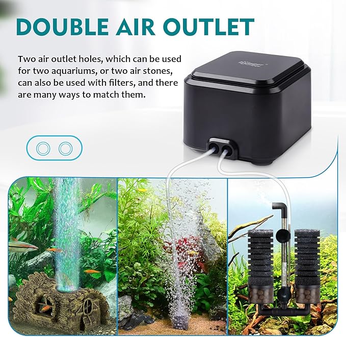 hygger Quiet <30dB Aquarium Air Pump, Adjustable Low Decibel Oxygen Fish Tank Pump 2 Air Outlets Ultra Silent Powerful Aerator Pump with Accessories Max 80GPH/160GPH/255GPH(3.5W,Up to 120Gallon)