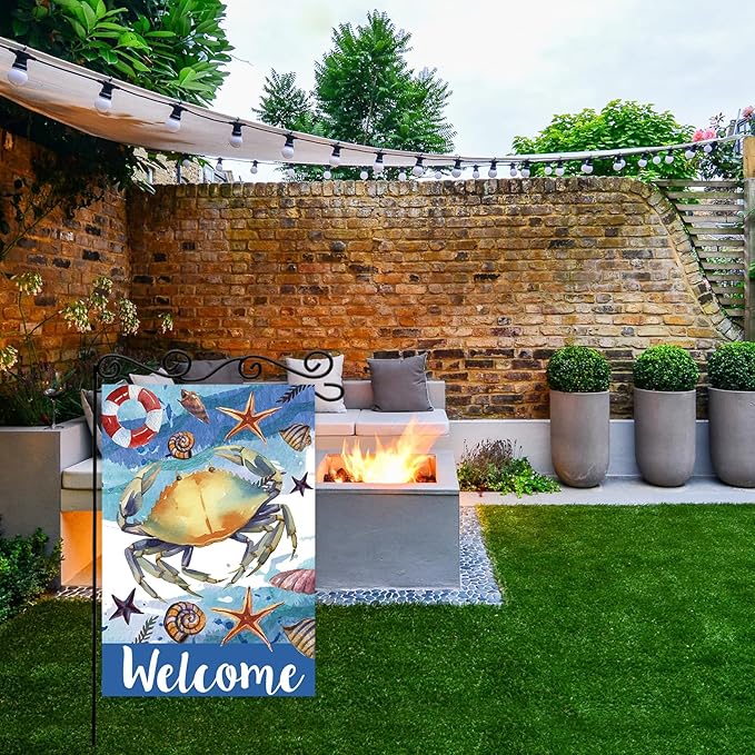 Starfish Crab welcome Garden Flag,Welcome to Undersea World Garden Flag,Marine Life Yard Porch, Party Holiday Decor, Vertical Double Side 12x18 Inch