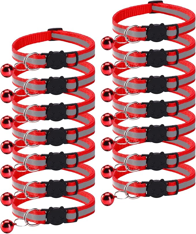 14 Pack Breakaway Cat Collar with Bell, Reflective Kitten Collar for Girl Boy Cats, Safety Buckle Adjustable 7.5-12.5 Inch, 0.4 Inch Width Lightweight, Pet Gifts (Red)