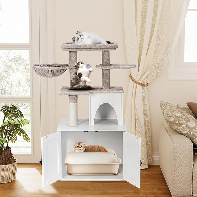 Snughome Cat Litter Box Enclosure with Cat Tree Tower and Condo, Hidden Washroom Furniture with Sisal Scratching Post and Soft Plush Perch, Wooden Cat Furniture with Multiple Platforms, White