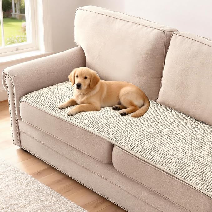 H.VERSAILTEX Plush Chenille Couch Cover for 3 Cushion Couch Anti Slip Washable Sofa Slipcovers Soft and Durable Furniture Protector for Dogs Cats Kids (27.5" x 59", Ivory)