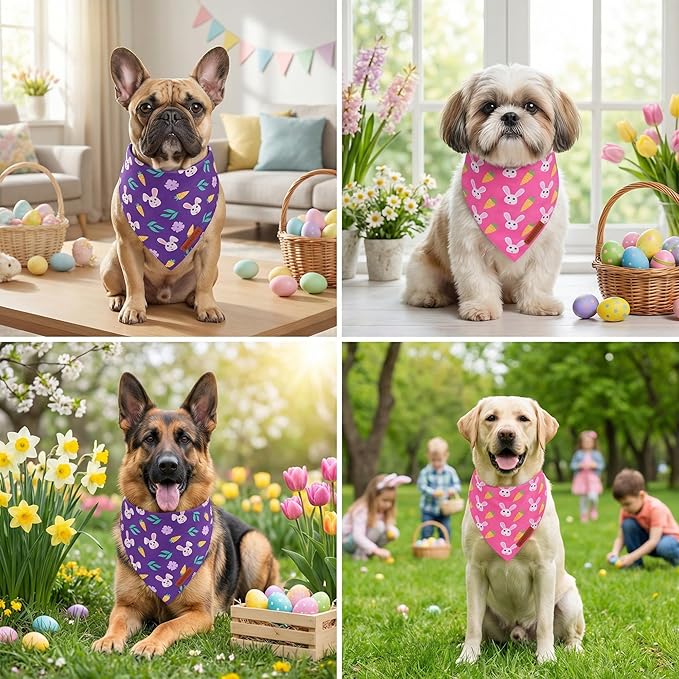 ADOGGYGO Easter Dog Bandana 2 Pack, Bunny Carrot Print Triangle Pet Scarf, Premium Fabric, Reversible Purple Pink Easter Bandana for Medium Large Dogs (Large)